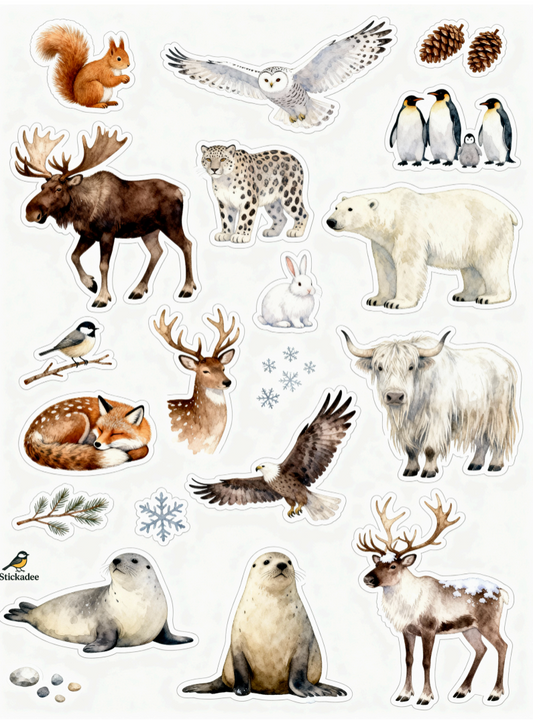 Collection of various animal illustrations including a moose, penguins, and a polar bear on a white background.