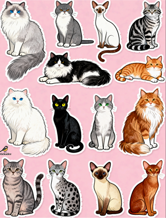 Sticker sheet with illustrations of various cat breeds on a pink background