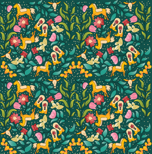 Colorful pattern of horses, flowers, and leaves on a dark green background
