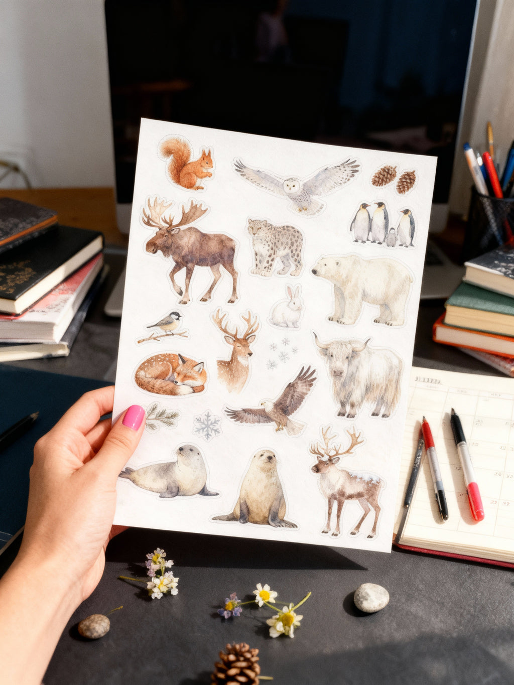 Sheet of arctic animal illustrations held by a person on a desk with stationery items 