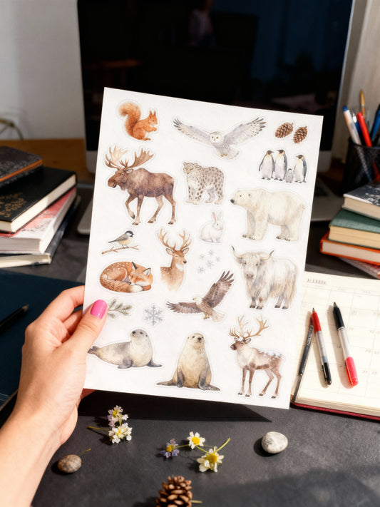 Sheet of arctic animal illustrations held by a person on a desk with stationery items 