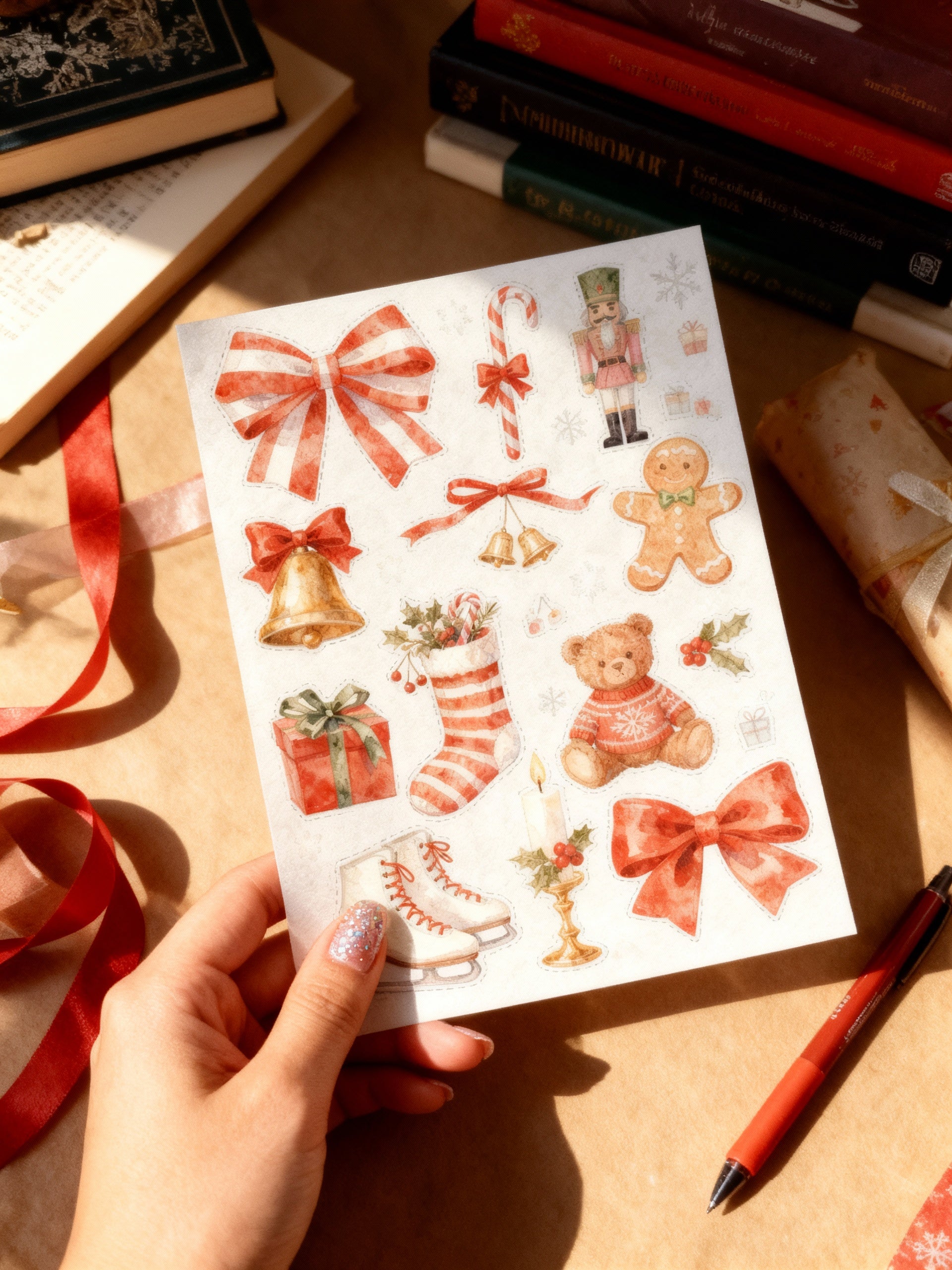 Sheet of Christmas-themed stickers held by a hand on a desk with books and ribbons.