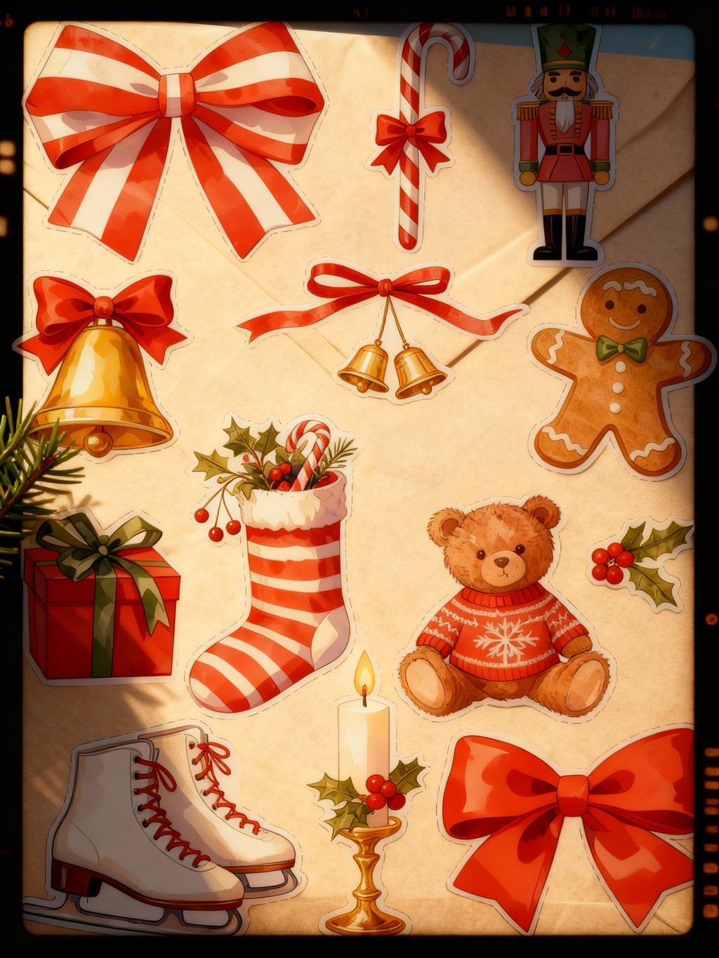 Collection of Christmas-themed illustrations including bows, candy canes, a stocking, teddy bear, gingerbread man, and ice skates on a textured background.