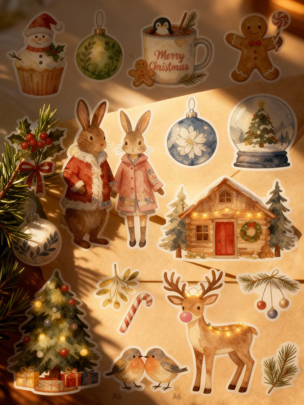 Collection of Christmas-themed illustrations including rabbits, a cabin, trees, and ornaments on a warm-toned background.