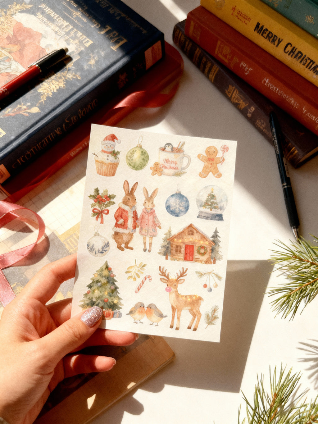 Sheet of Christmas-themed stickers held by a hand with books and decorative items in the background.