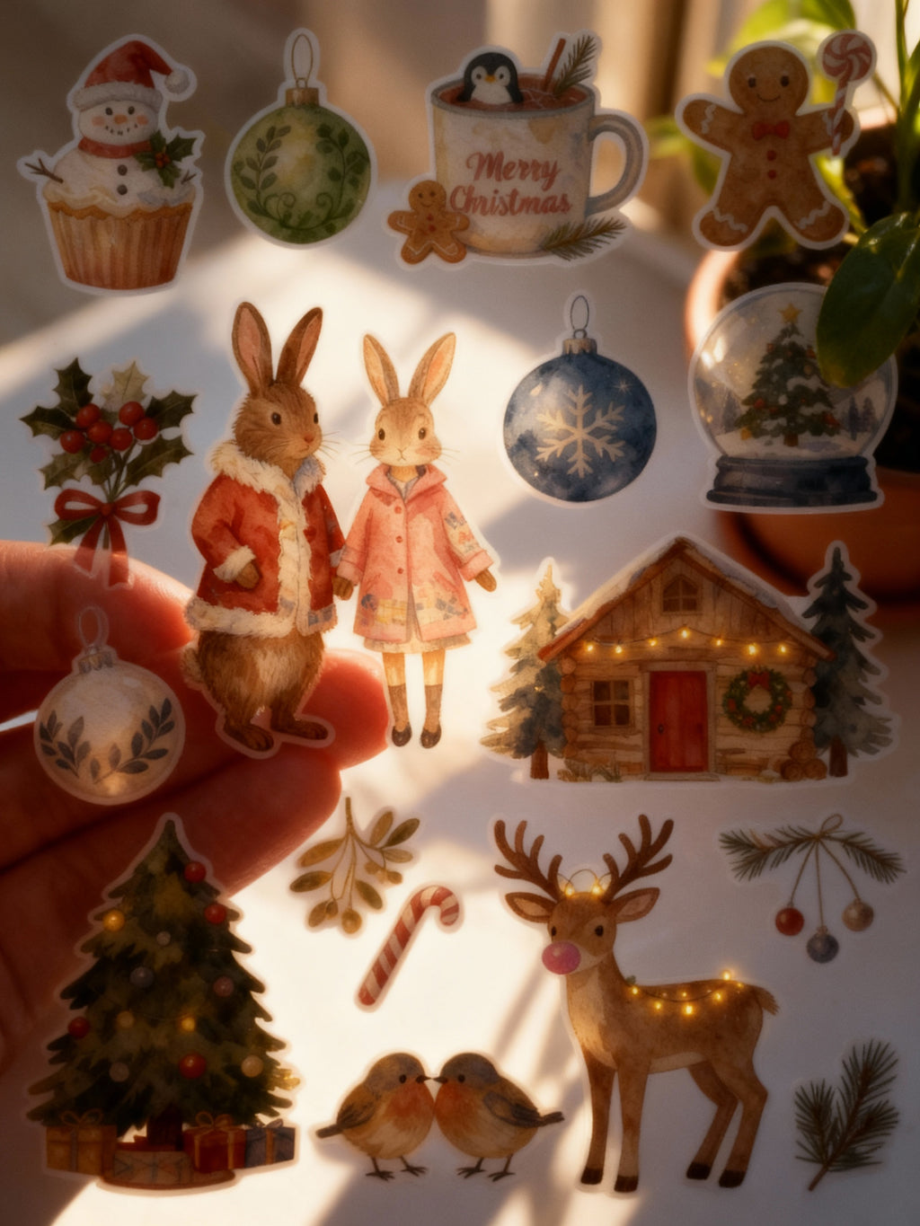 Collection of Christmas-themed stickers including rabbits, a deer, and festive elements on a white background.