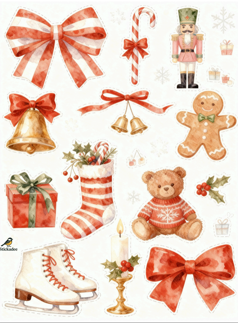 Collection of Christmas-themed illustrations including bows, candy canes, a teddy bear, and ice skates on a white background.