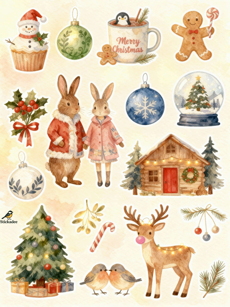 Collection of Christmas-themed illustrations including animals, trees, and festive objects on a beige background.