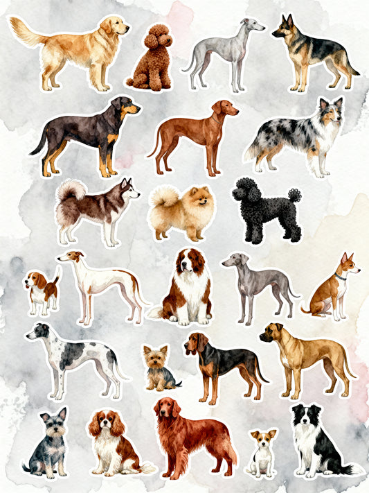 Illustrations of various dog breeds on a light background