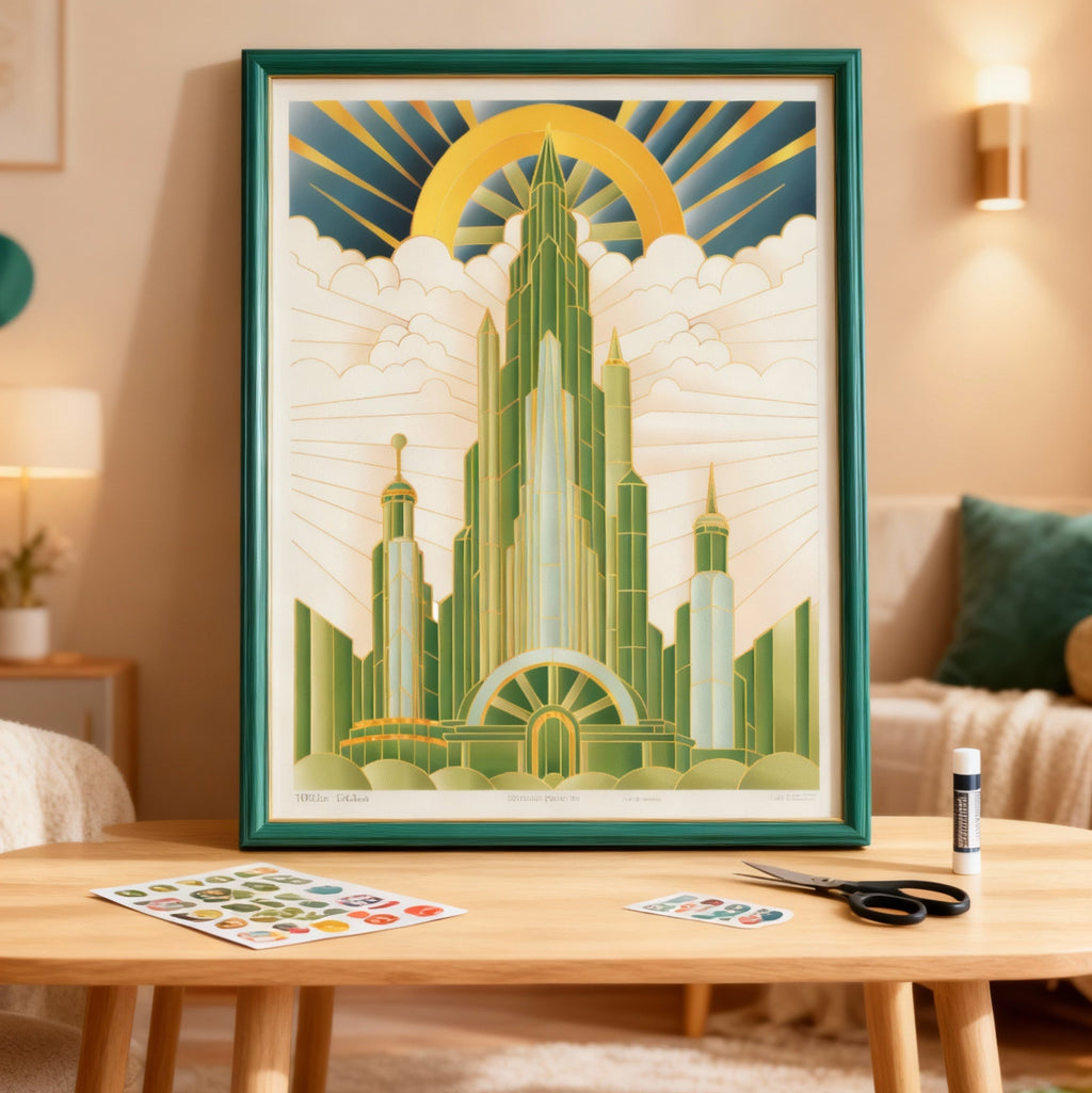 Framed art print of a futuristic cityscape on a table in a living room.