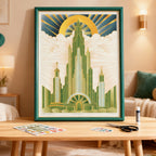Framed art print of a futuristic cityscape on a table in a living room.