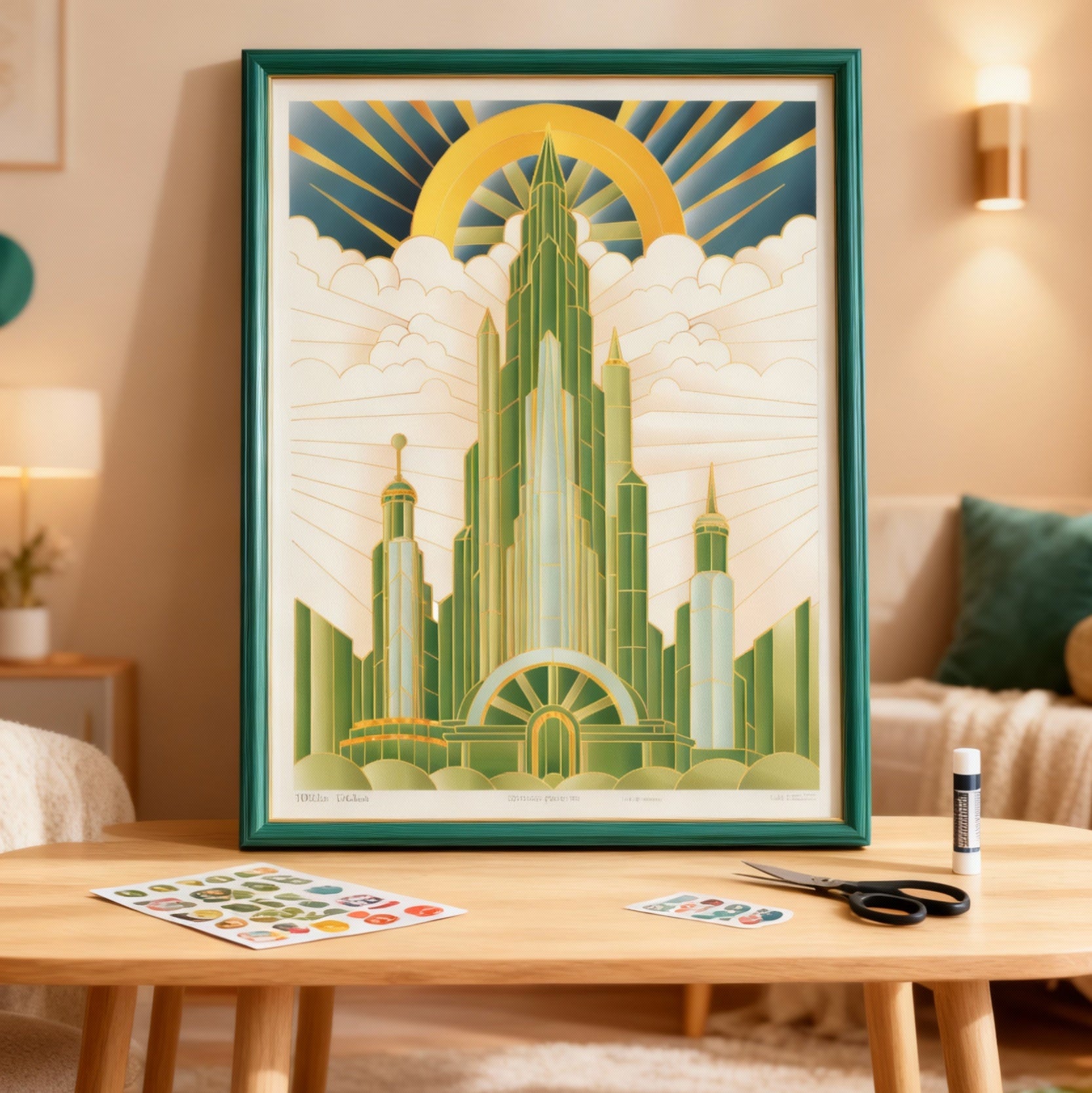Framed art print of a futuristic cityscape on a table in a living room.