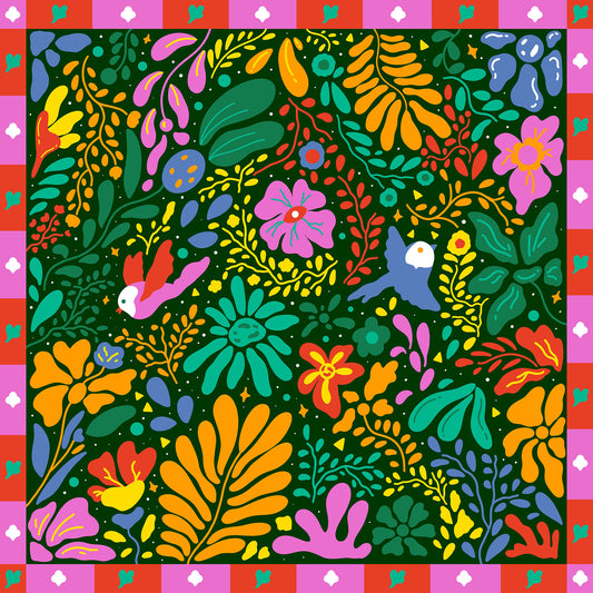 Colorful floral pattern with birds on a black background