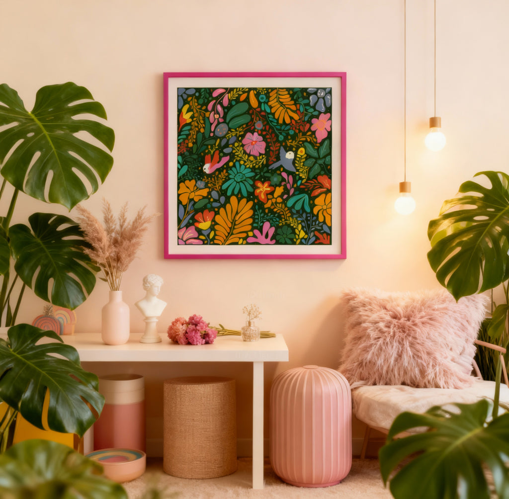 Decorative interior with a colorful framed artwork, plants, and a pink chair.