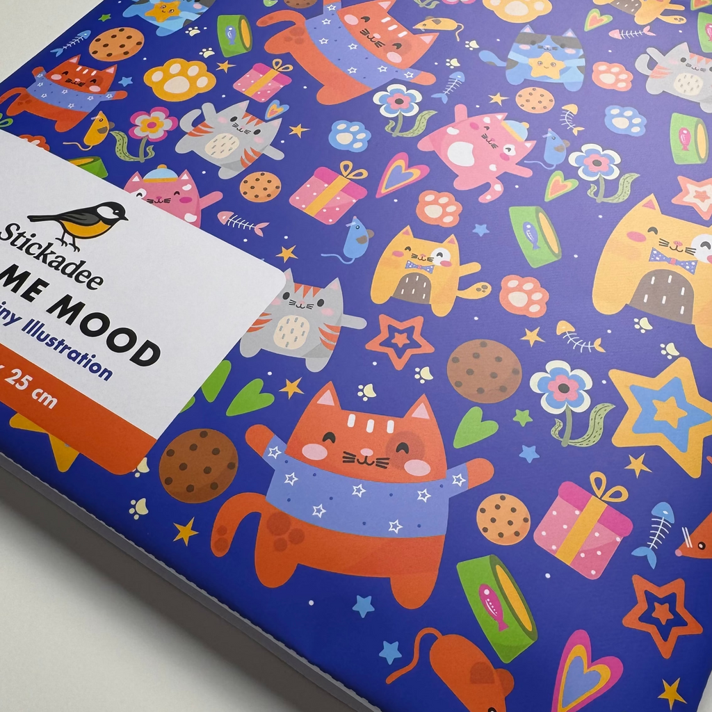 Colorful children's illustration paper with cartoon animals and objects, featuring Stickadee branding.
