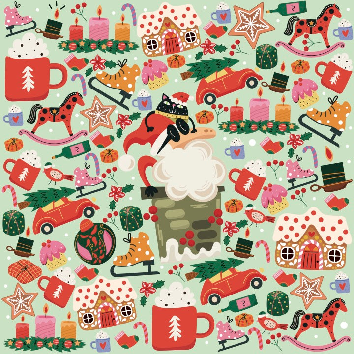 Colorful Christmas-themed pattern with various festive elements on a light green background.