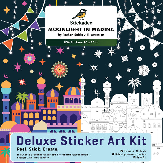 Midnight in Medina Ramadan sticker by number kit featuring a crescent moon and Arabic cityscape