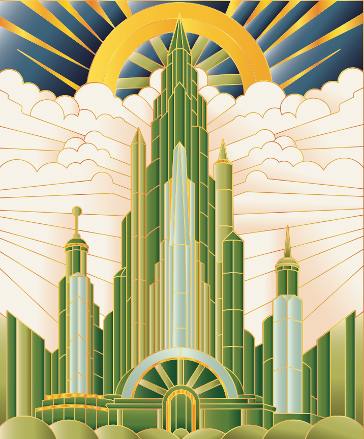 Art Deco-style building with a golden arch and clouds in the background