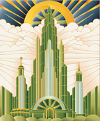 Art Deco-style building with a golden arch and clouds in the background
