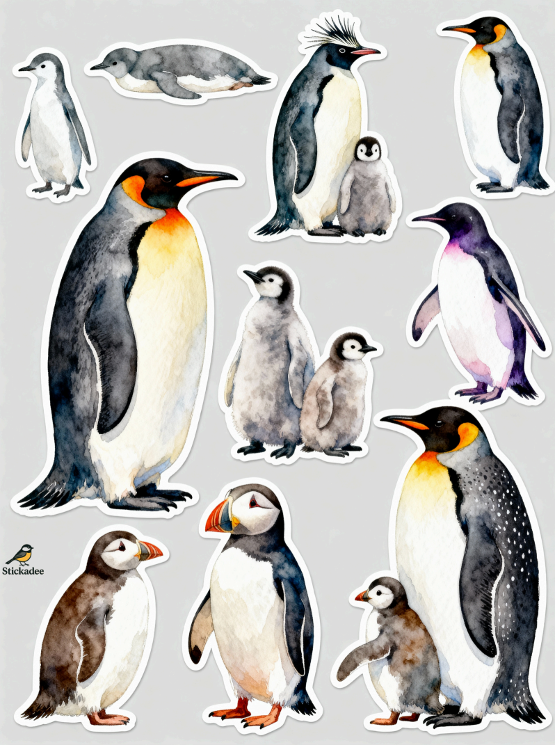 Collection of penguin illustrations on a gray background
