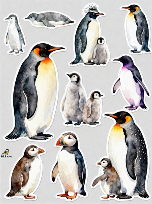 Collection of penguin illustrations on a gray background