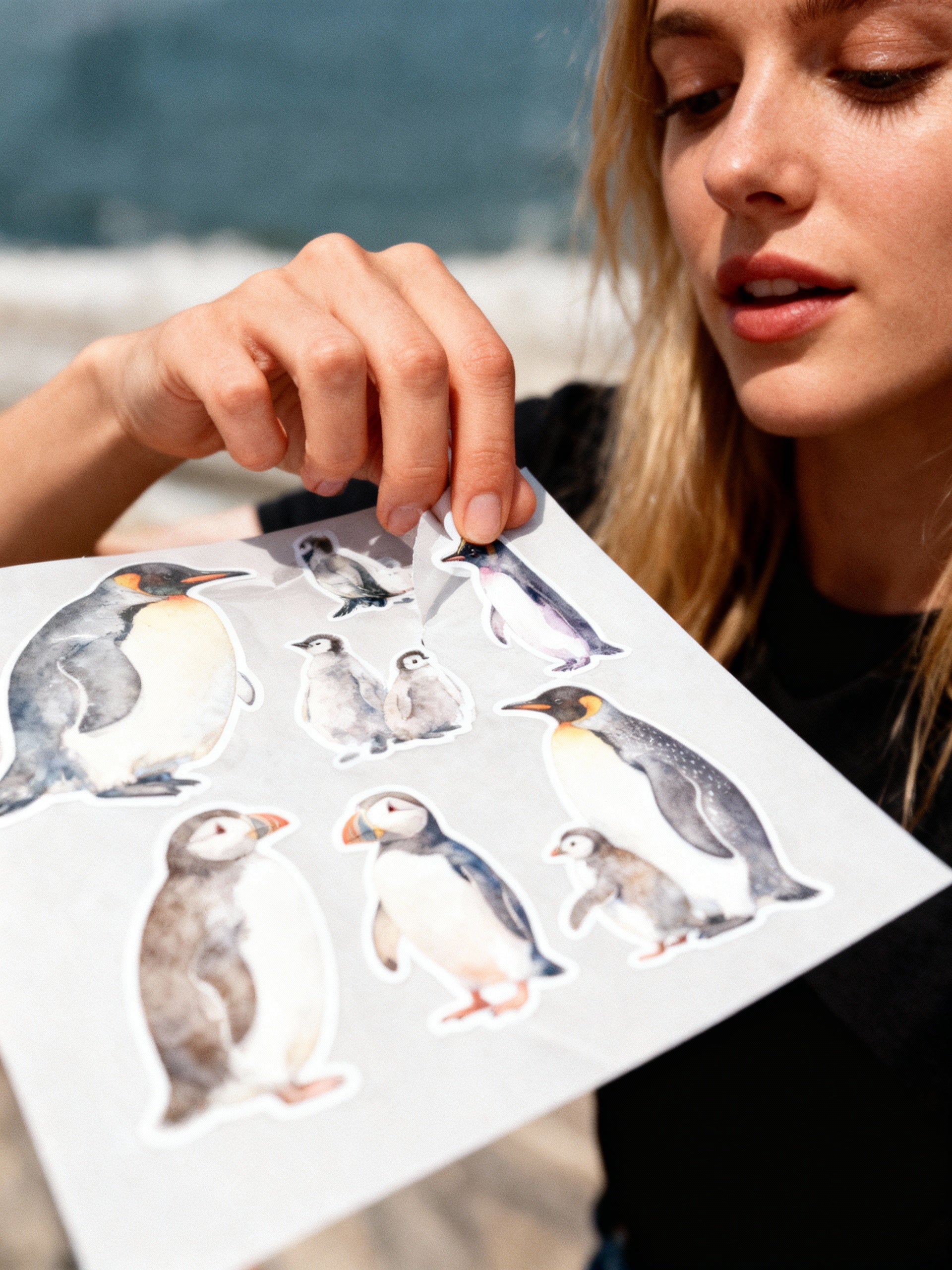Person holding a sheet of penguin stickers by a body of water