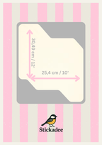 Measurement chart with dimensions and Stickadee logo on a pink and white striped background