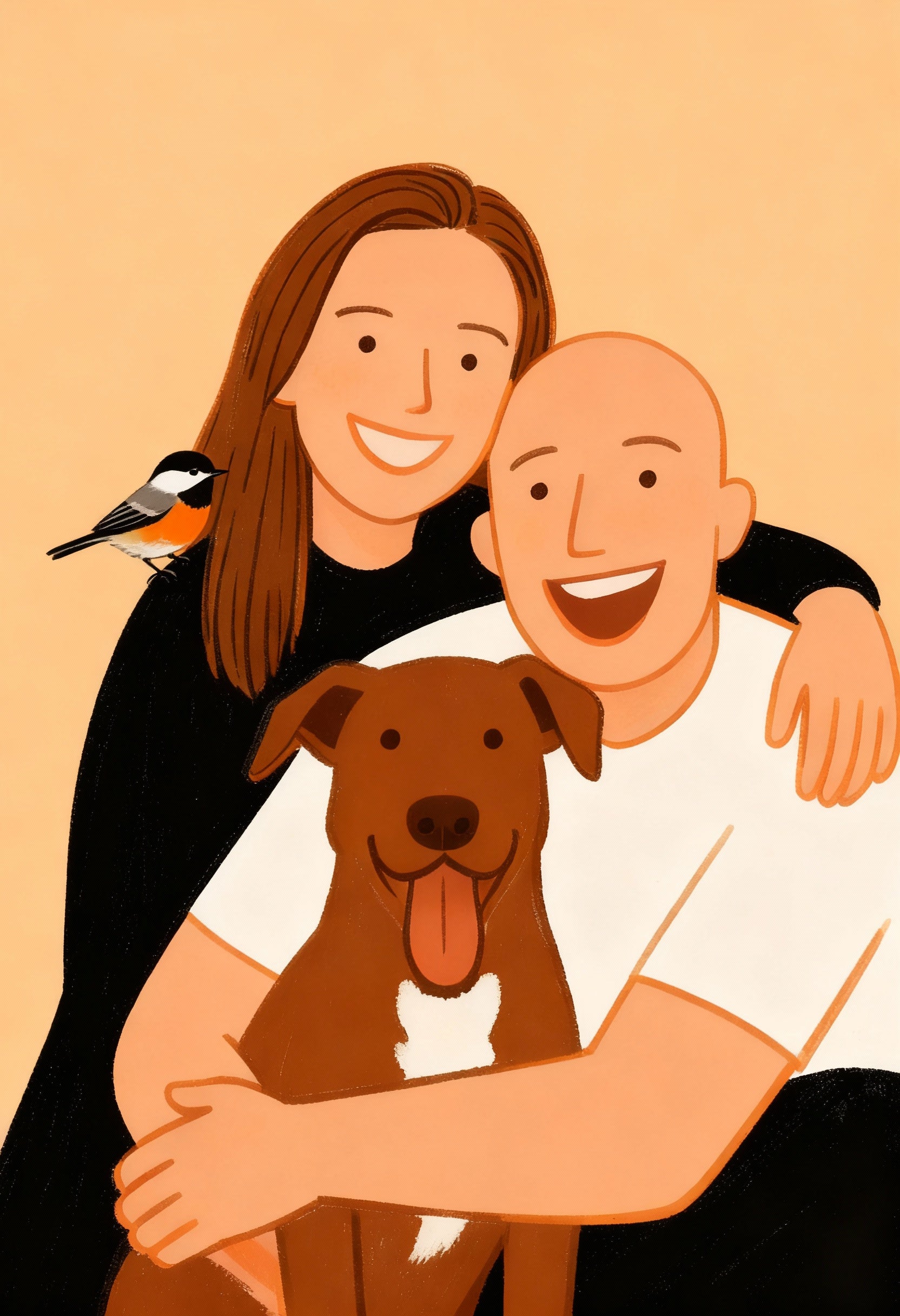 Illustration of a couple with a dog and a bird on a beige background