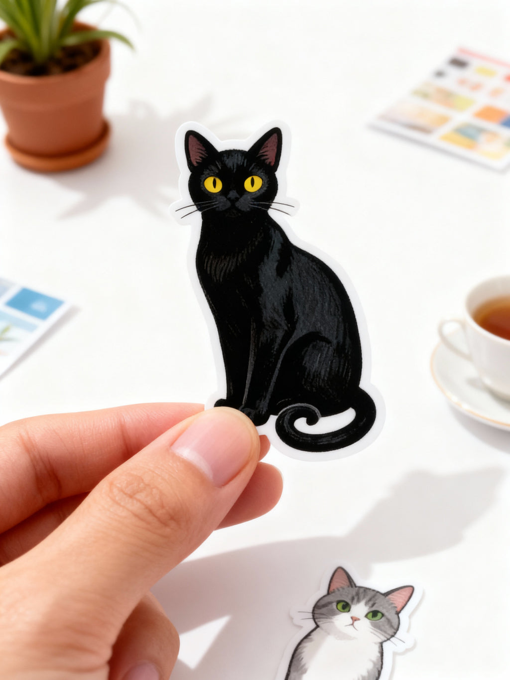 Cute cat sticker sheet with different feline layouts on pastel background.