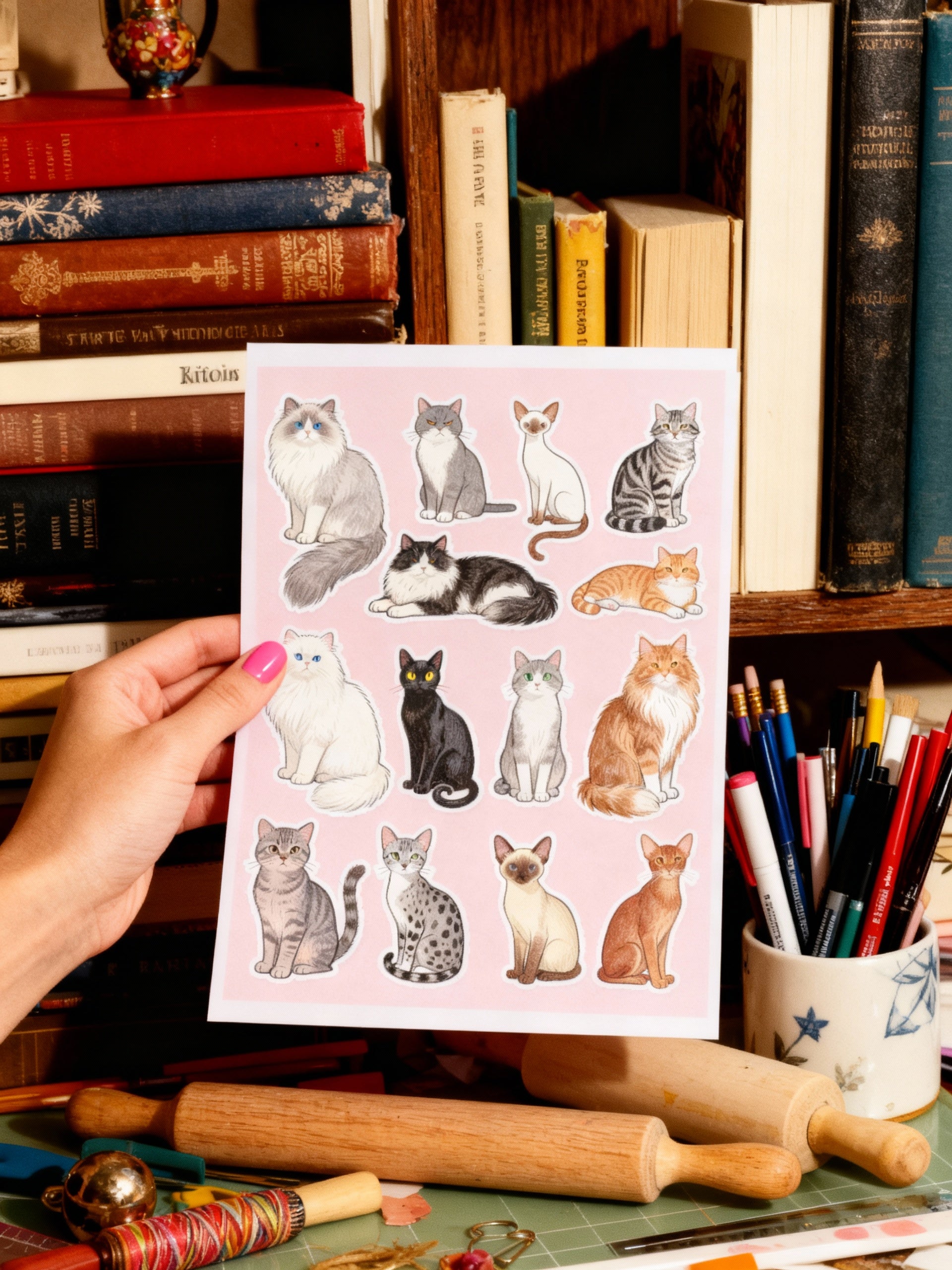 Sticker sheet with assorted cute cat designs and layout sections