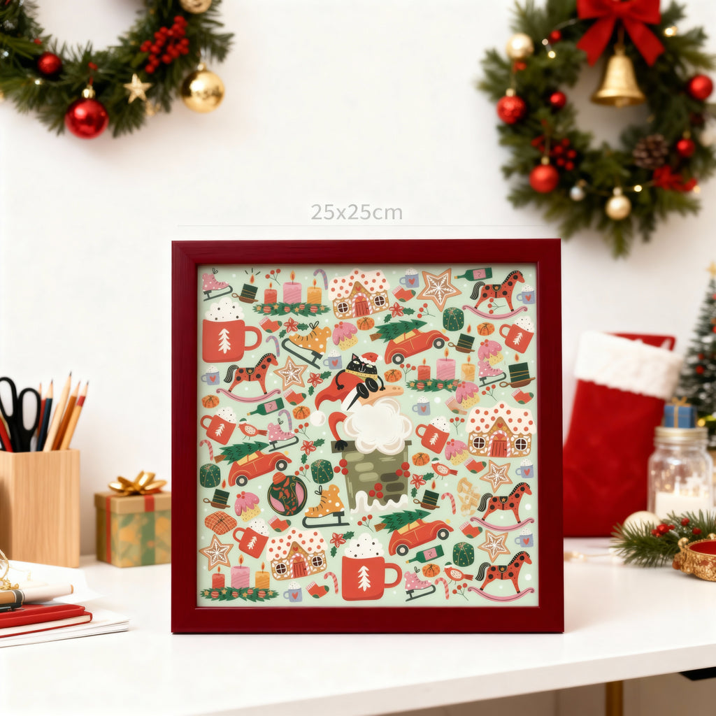 Framed Christmas-themed artwork on a desk with festive decorations.