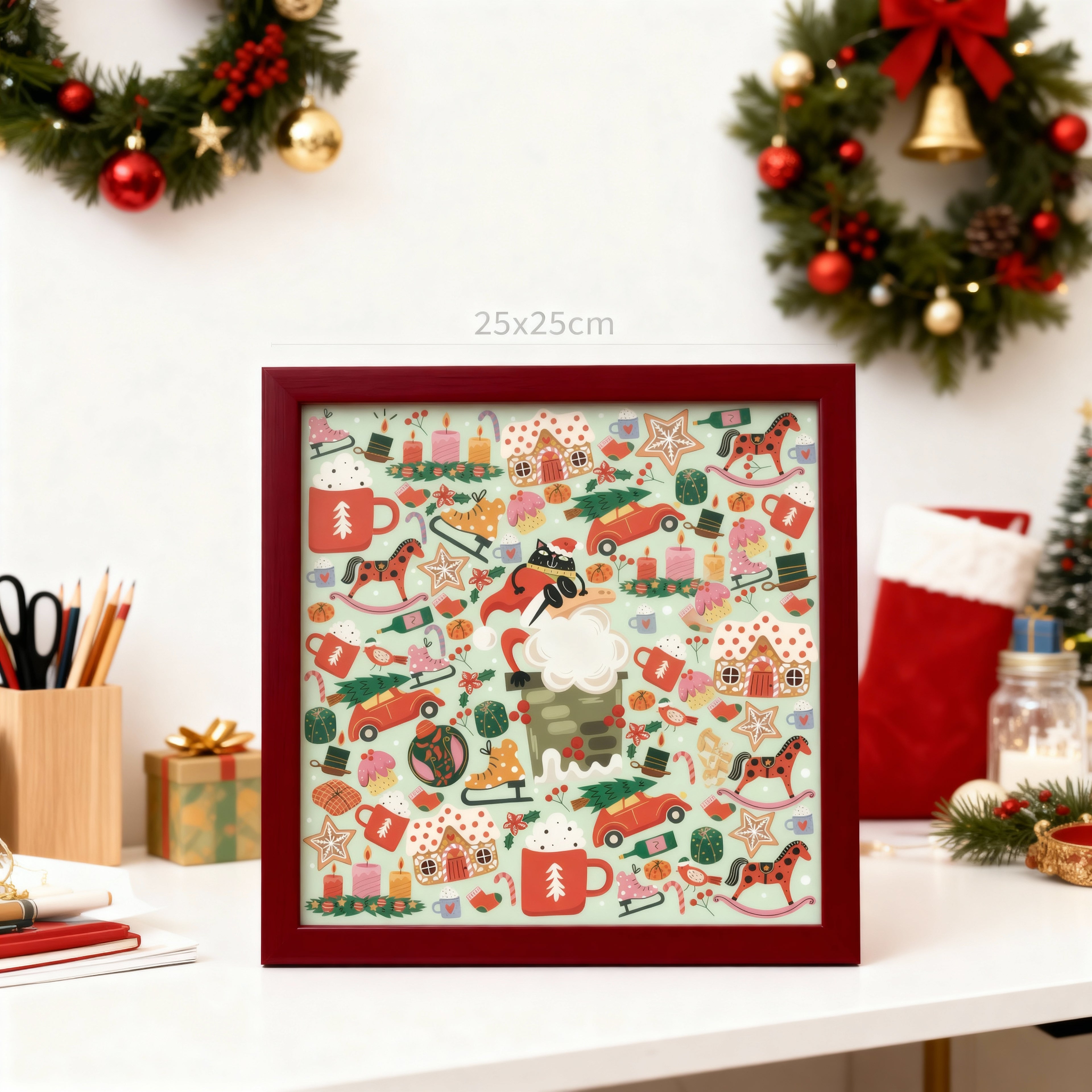Framed Christmas-themed artwork on a desk with festive decorations.