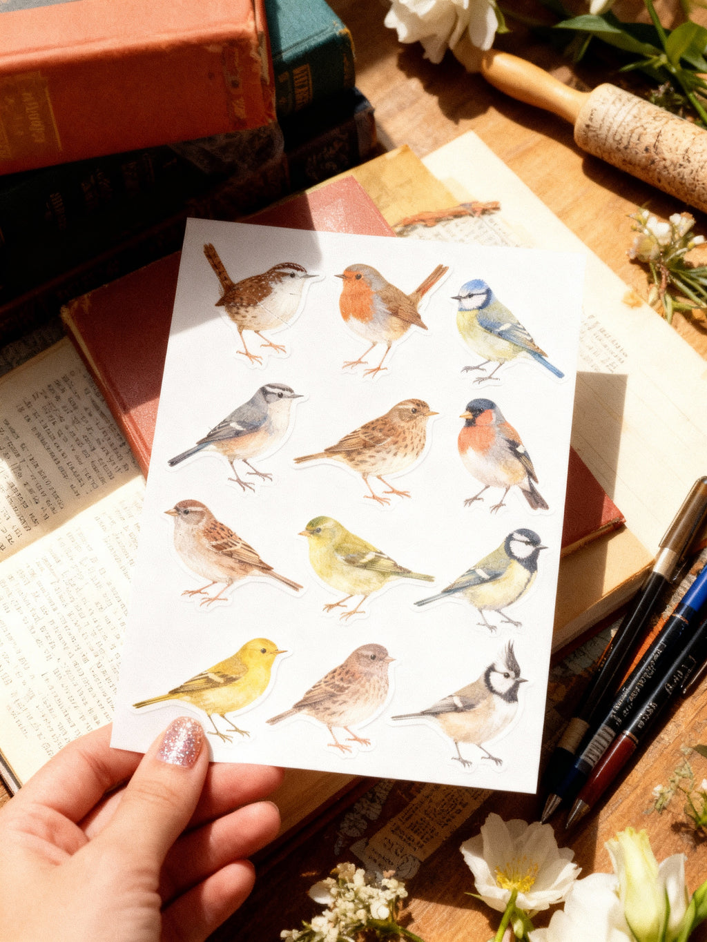 Sheet of bird illustrations held over a desk with books and flowers.