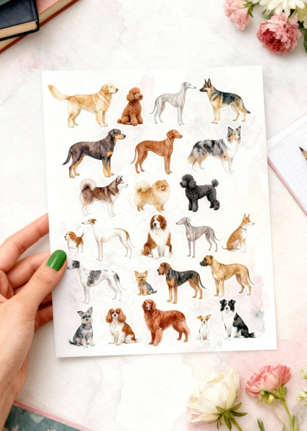 Sheet of dog stickers held by a hand on a desk with flowers and books.