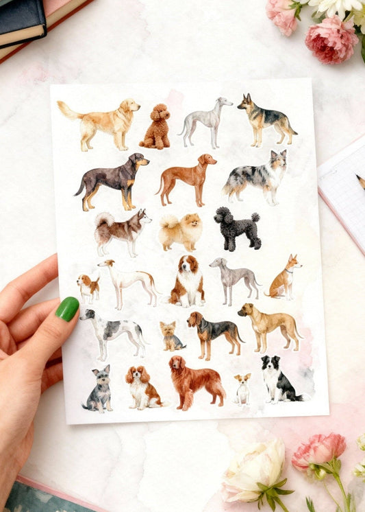 Sheet of dog stickers held by a hand on a desk with flowers and books.