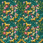 Colorful pattern of horses, flowers, and leaves on a dark green background