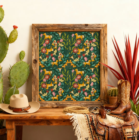 Decorative framed artwork with a cowboy hat, boots, and cacti in a rustic setting.