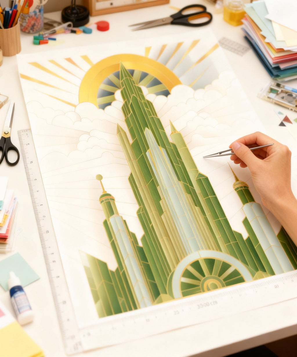 Artistic depiction of a building with a sun in the background on a table with art supplies.