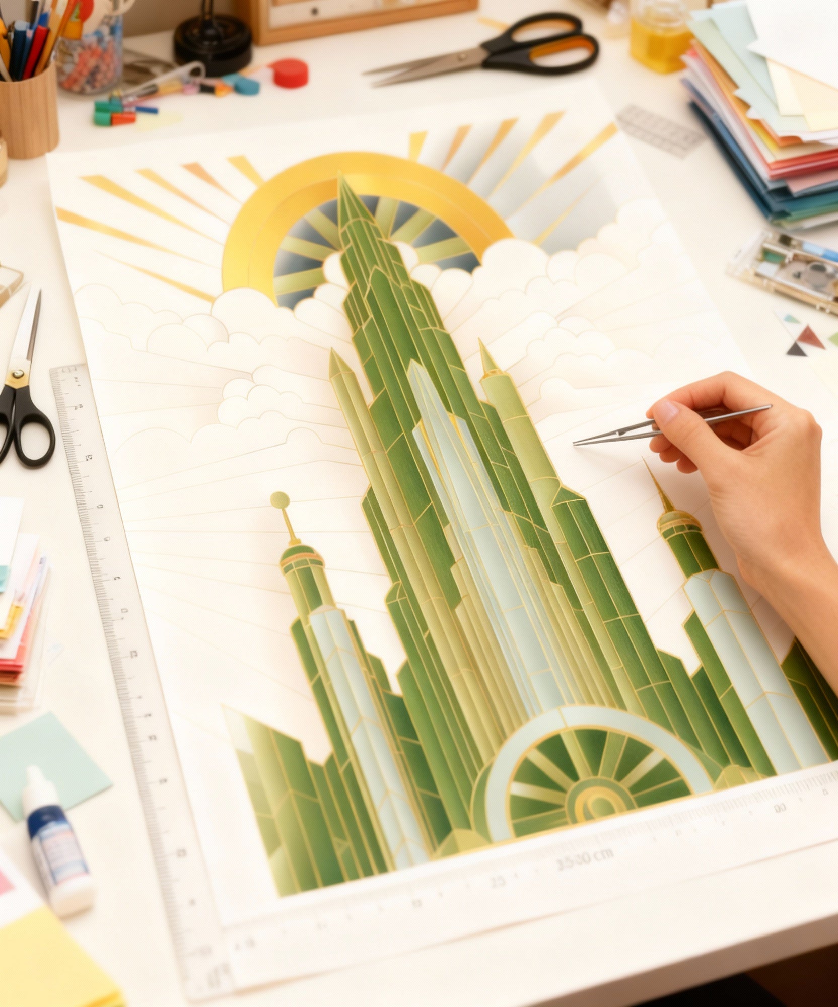 Artistic depiction of a building with a sun in the background on a table with art supplies.