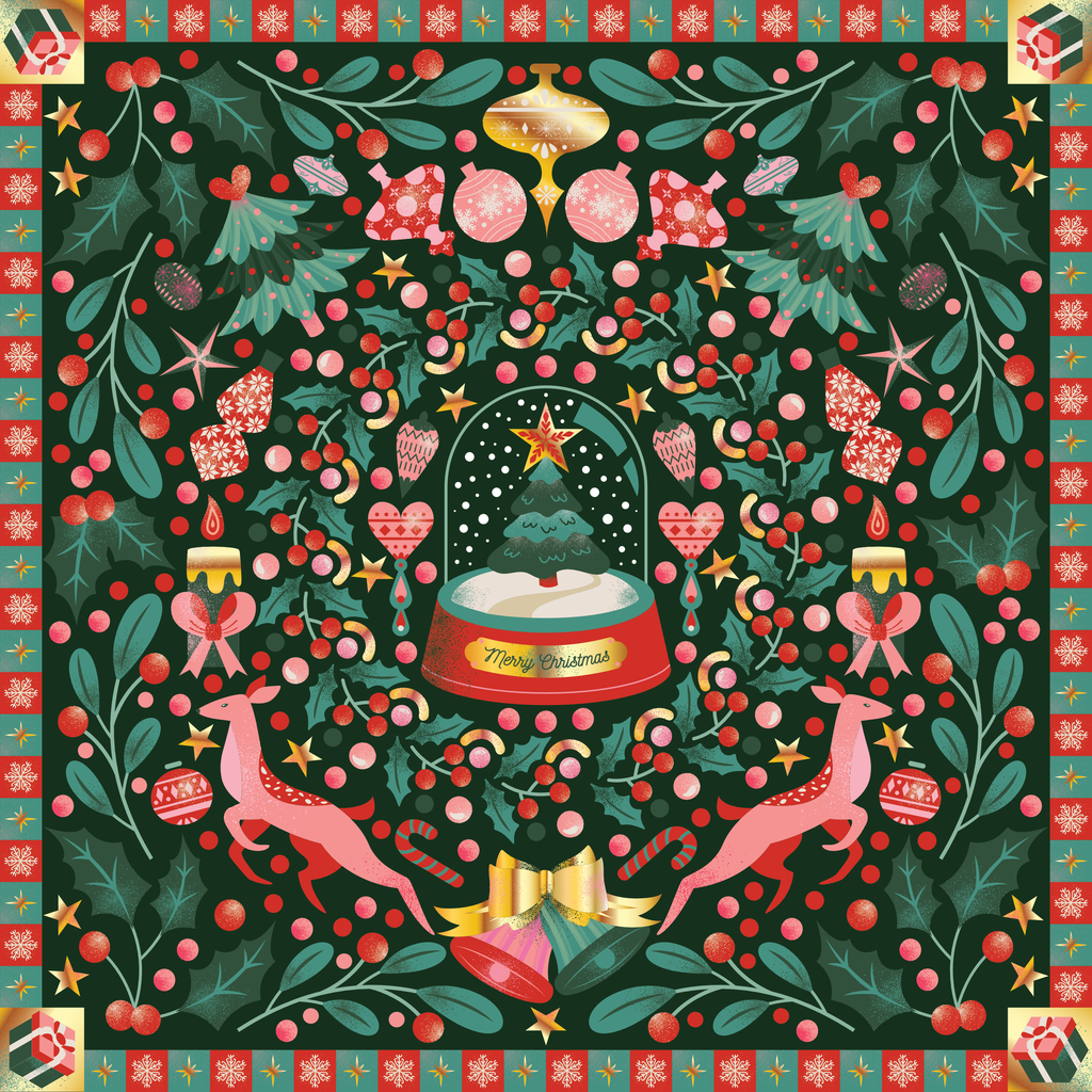 Christmas-themed fabric with reindeer, presents, and a star on a green background