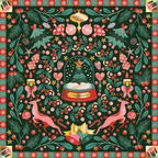 Christmas-themed fabric with reindeer, presents, and a star on a green background