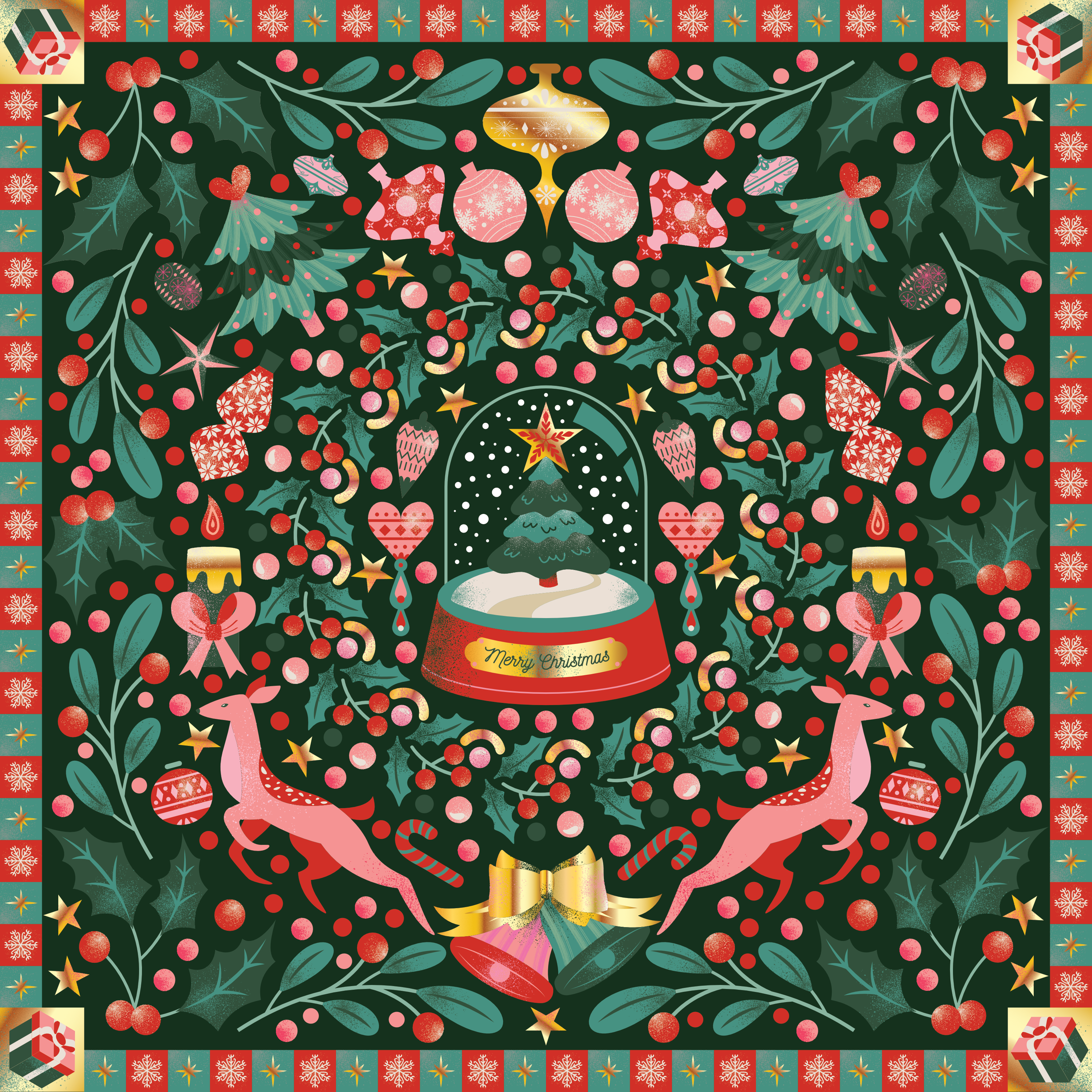 Christmas-themed fabric with reindeer, presents, and a star on a green background