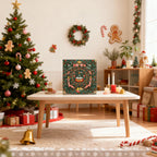 Decorated Christmas living room with a tree, table, and advent calendar.