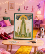 Decorative room with 'Oz' themed wall art, colorful furniture, and character figurines.