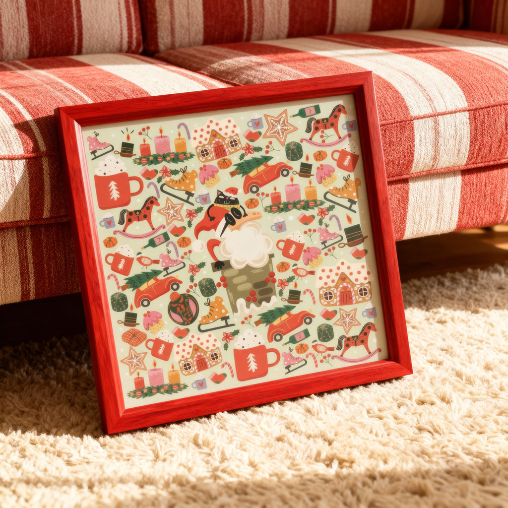 Framed artwork with colorful patterns on a red frame, placed on a carpeted floor.