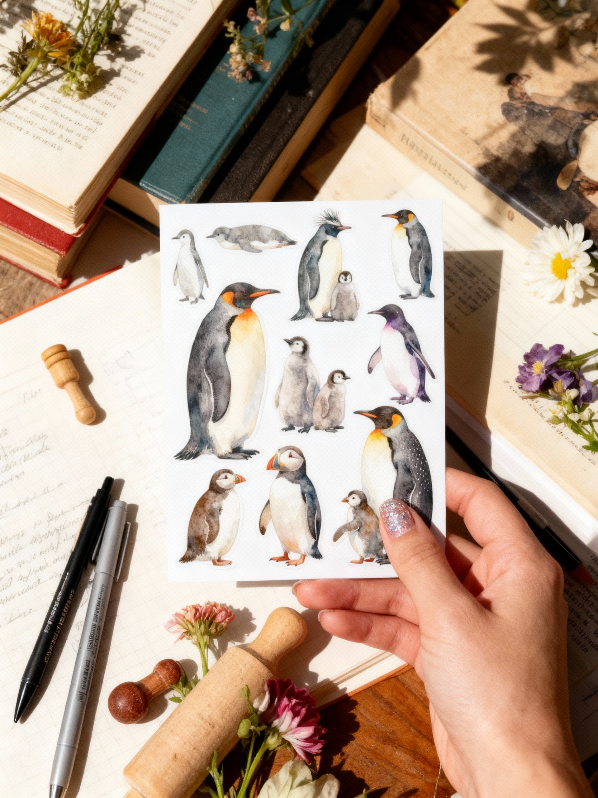 Sheet of penguin stickers held by a hand on a desk with books and flowers.