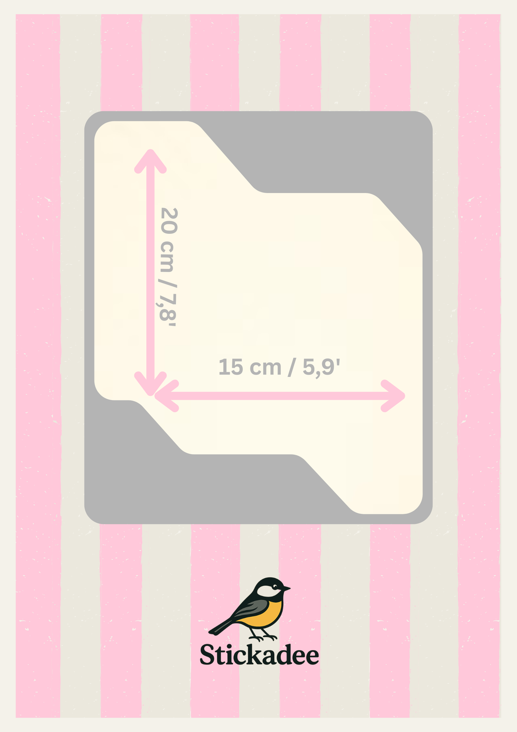 Measurement chart for a product with pink and white striped background and Stickadee branding.