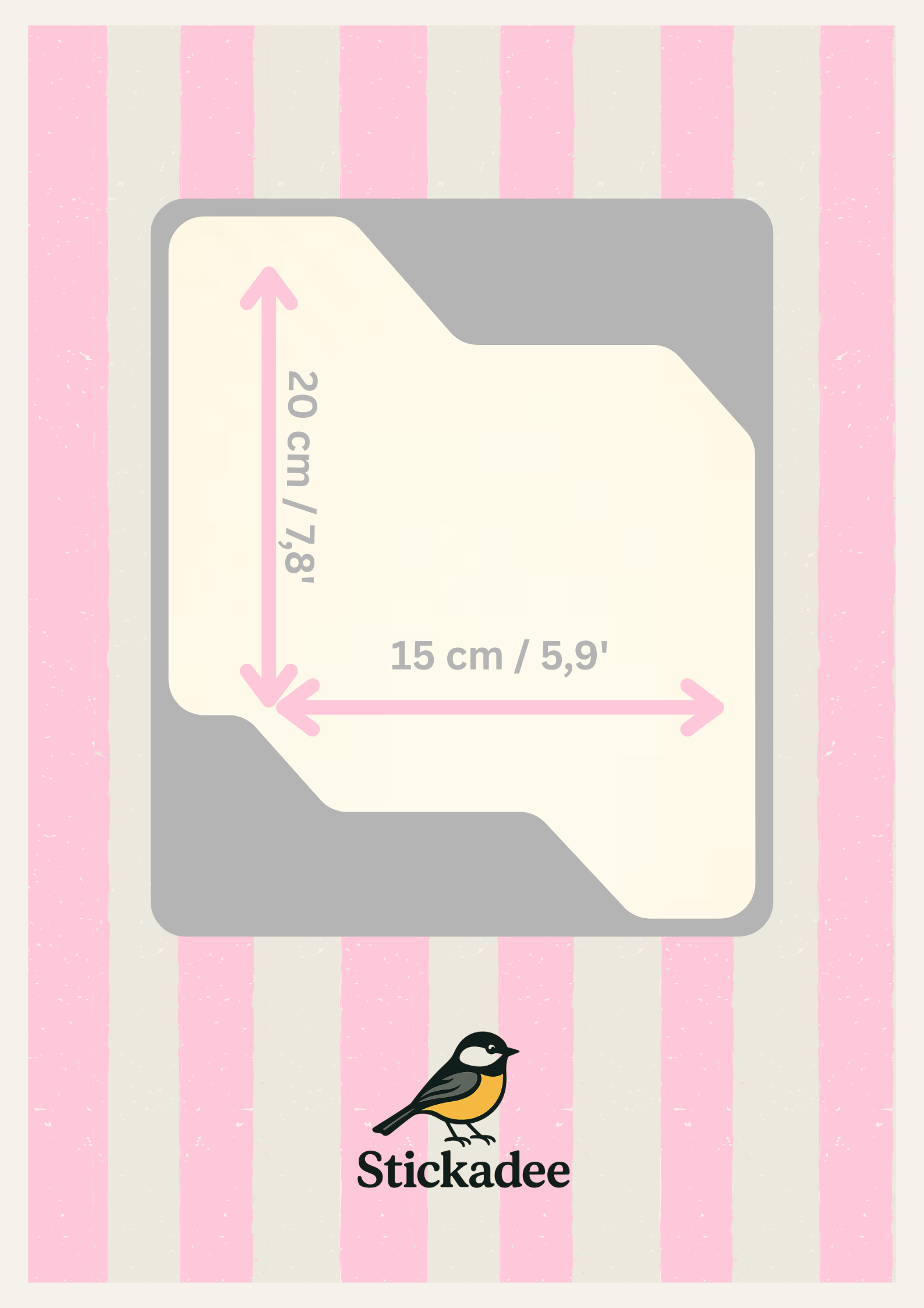 Measurement chart for a product with pink and white striped background and Stickadee branding.