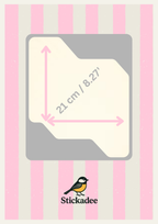 Measurement chart with a bird illustration and Stickadee branding on a pink and gray striped background