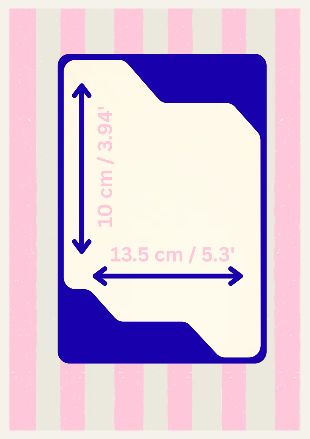 Measurement chart for a product with blue outline on a pink and white striped background